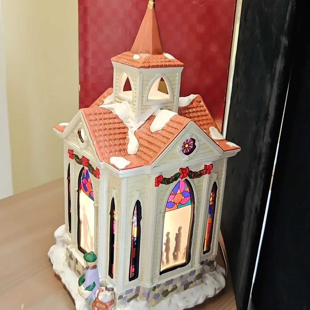 Vintage Village Square Lighted Silhouette Church Ceramic Hand Painted 16"×8" - Picture 8 of 9